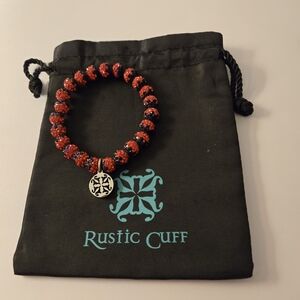 Rustic Cuff Stretch Bracelet Red Sparkly Black Tipped Beads Silver Tone Charm